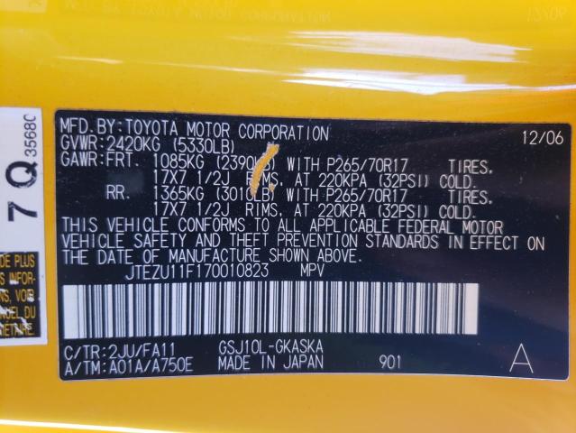 JTEZU11F170010823 - 2007 TOYOTA FJ CRUISER YELLOW photo 10