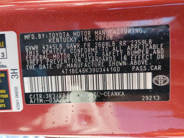 4T1BE46K39U344160 - 2009 TOYOTA CAMRY BASE RED photo 10