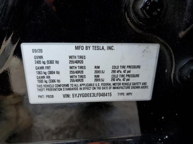 5YJYGDEE3LF048415 - 2020 TESLA MODEL Y أسود صورة 10