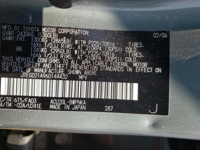 JTEGD21A960144432 - 2006 TOYOTA HIGHLANDER GREEN photo 10