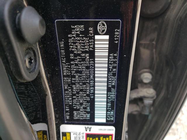 4T1KB1BB3MU002391 - 2021 TOYOTA AVALON XLE BLACK photo 10