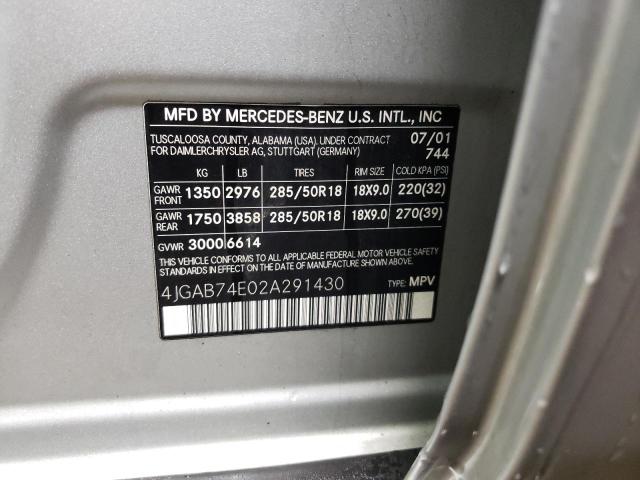 4JGAB74E02A291430 - 2002 MERCEDES-BENZ ML 55 SILVER photo 10