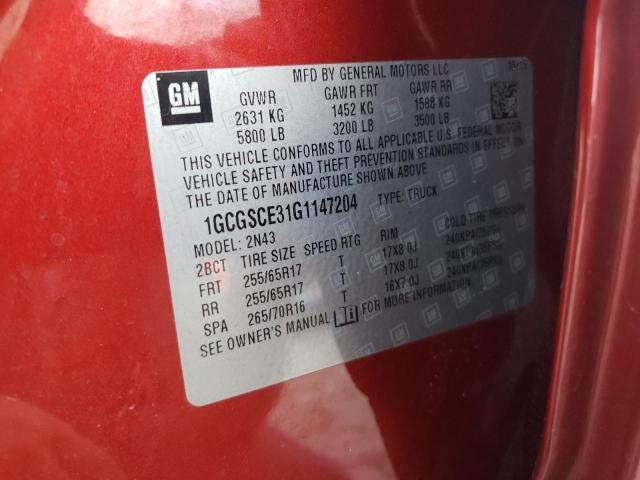 1GCGSCE31G1147204 - 2016 CHEVROLET COLORADO L RED photo 10