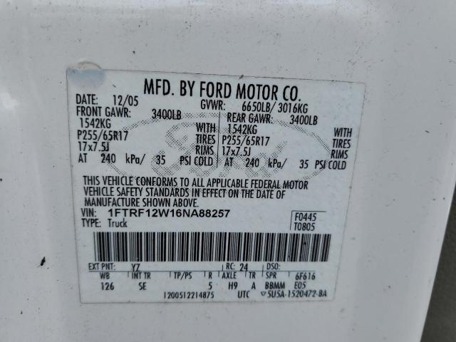 1FTRF12W16NA88257 - 2006 FORD F150 WHITE photo 10