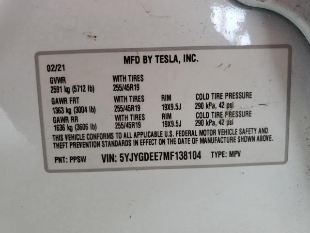 5YJYGDEE7MF138104 - 2021 TESLA MODEL Y WHITE photo 10