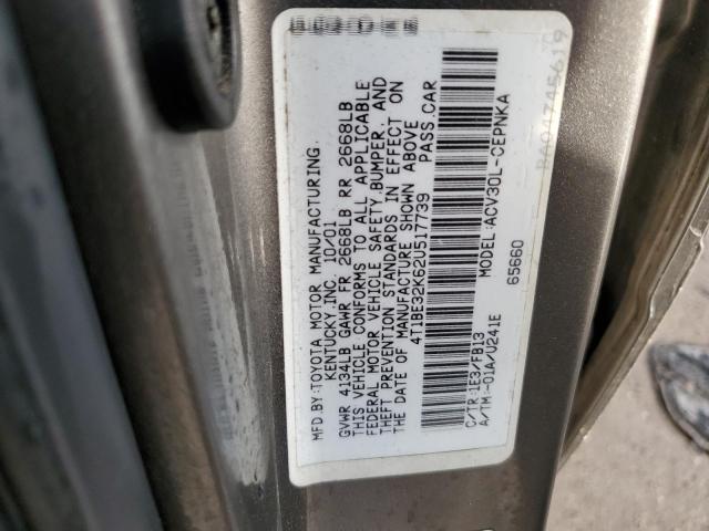 4T1BE32K62U517739 - 2002 TOYOTA CAMRY LE M GRAY photo 10