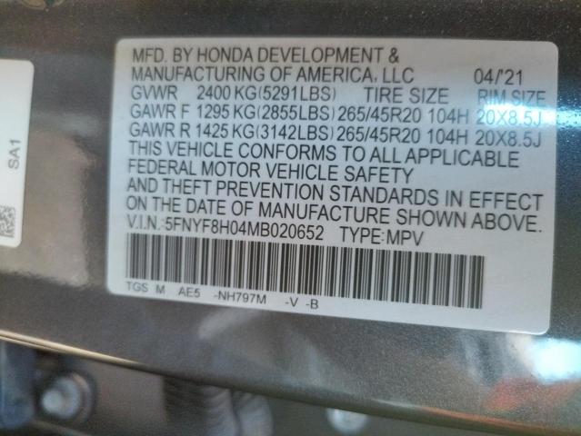 5FNYF8H04MB020652 - 2021 HONDA PASSPORT E 灰色 照片 10