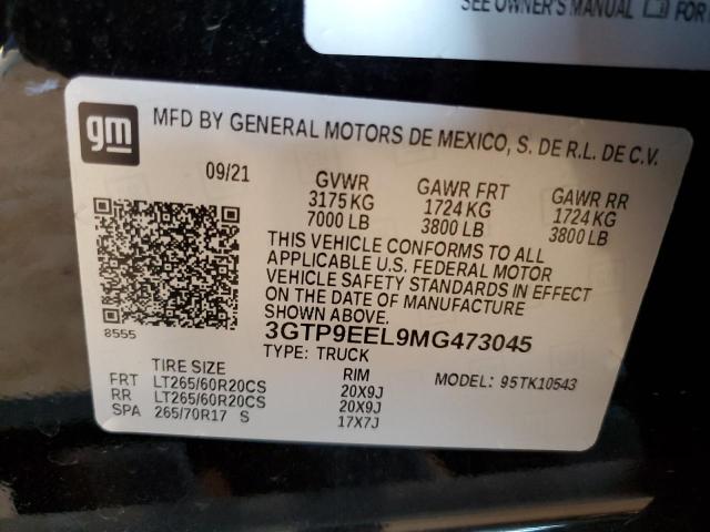 3GTP9EEL9MG473045 - 2021 GMC SIERRA BLACK photo 10