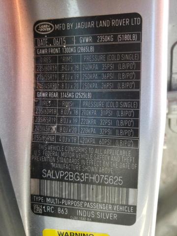 SALVP2BG3FH075625 - 2015 LAND ROVER RANGE ROVE SILVER photo 10