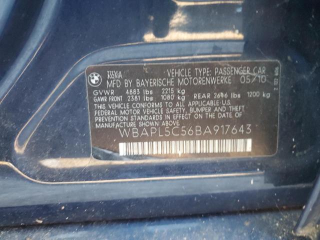 WBAPL5C56BA917643 - 2011 BMW 3 SERIES BLUE photo 10