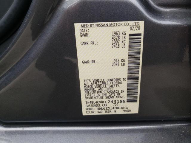 1N4BL4CV8LC243188 - 2020 NISSAN ALTIMA SR GRAY photo 10