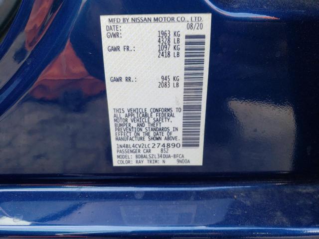 1N4BL4CV2LC274890 - 2020 NISSAN ALTIMA SR BLUE photo 10