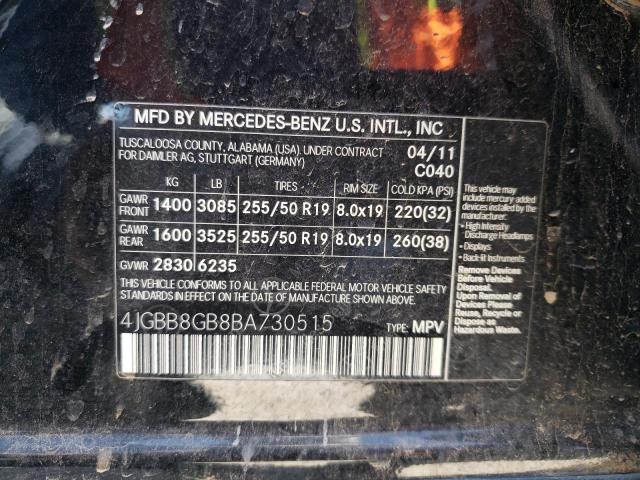 4JGBB8GB8BA730515 - 2011 MERCEDES-BENZ ML 350 4MA BLACK photo 10