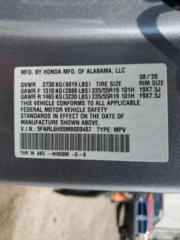 5FNRL6H85MB009487 - 2021 HONDA ODYSSEY TO SILVER photo 10