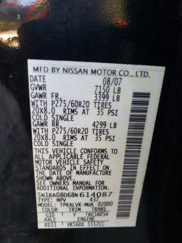 5N1BA08D68N614087 - 2008 NISSAN ARMADA SE BLACK photo 10