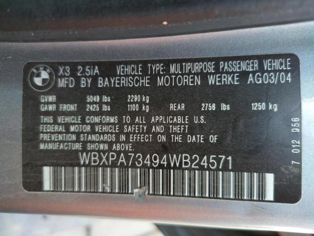 WBXPA73494WB24571 - 2004 BMW X3 2.5I GRAY photo 10