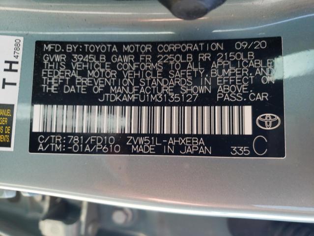 JTDKAMFU1M3135127 - 2021 TOYOTA PRIUS SPEC TURQUOISE photo 10