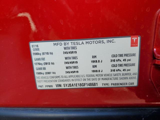 5YJSA1E18GF148681 - 2016 TESLA MODEL S Կարմիր լուսանկար 10