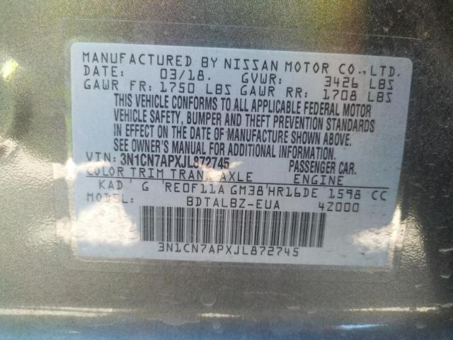 3N1CN7APXJL872745 - 2018 NISSAN VERSA S GRAY photo 10