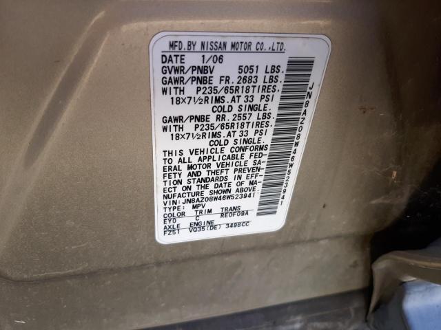 JN8AZ08W46W523941 - 2006 NISSAN MURANO SL GOLD photo 10