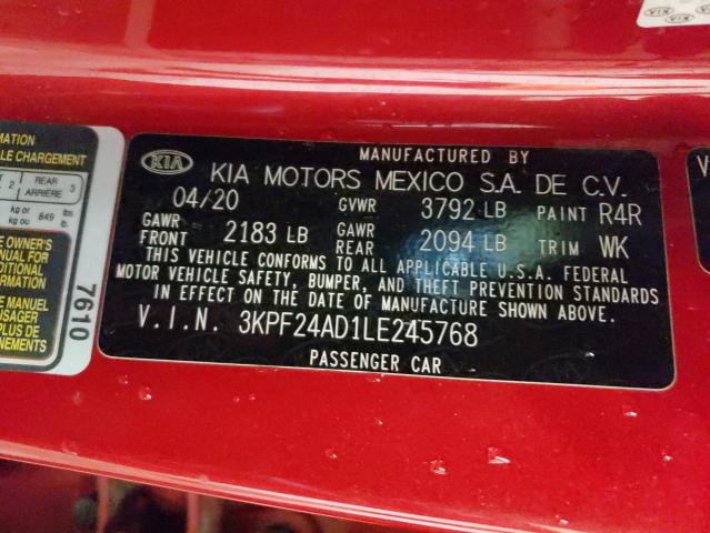 3KPF24AD1LE245768 - 2020 KIA FORTE FE RED photo 10