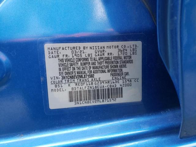 3N1CN8EV2ML871592 - 2021 NISSAN VERSA SV BLUE photo 10