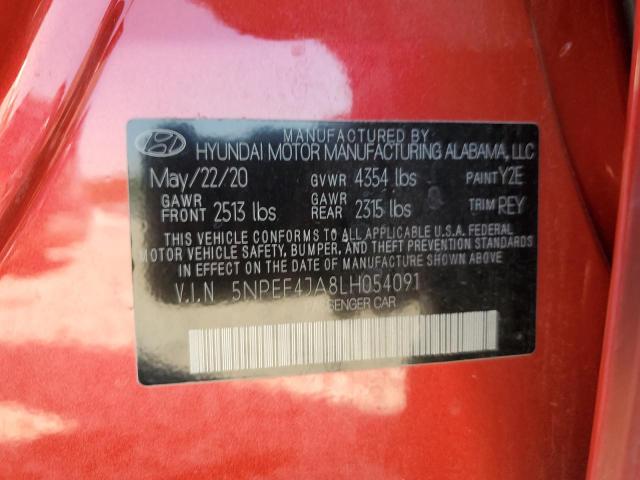 5NPEF4JA8LH054091 - 2020 HYUNDAI SONATA SEL RED photo 10