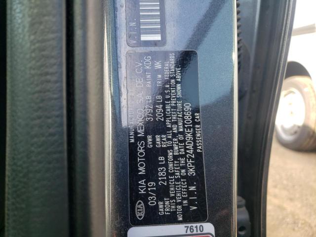 3KPF24AD9KE108690 - 2019 KIA FORTE FE GRAY photo 10