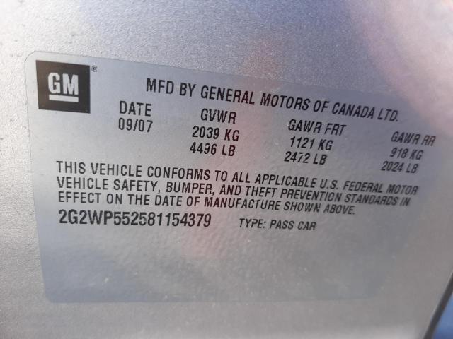 2G2WP552581154379 - 2008 PONTIAC GRAND PRIX ვერცხლისფერი ფოტო 10