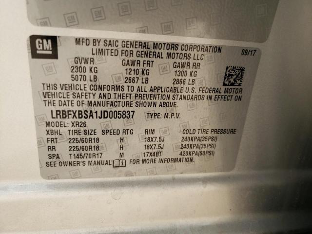 LRBFXBSA1JD005837 - 2018 BUICK ENVISION P SILVER photo 10