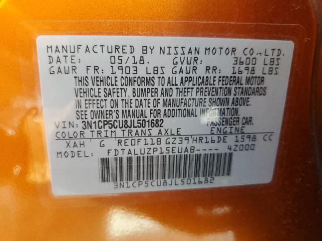 3N1CP5CU8JL501682 - 2018 NISSAN KICKS S ORANGE photo 10