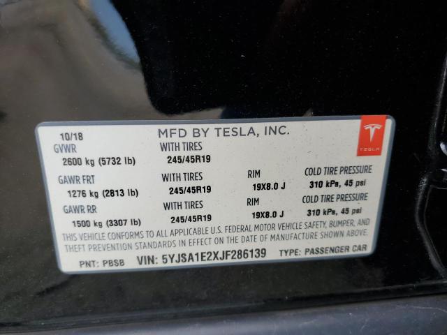 5YJSA1E2XJF286139 - 2018 TESLA MODEL S Սև լուսանկար 10