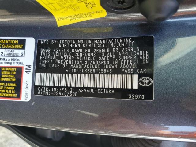 4T4BF3EK8BR195846 - 2011 TOYOTA CAMRY BASE GRAY photo 10