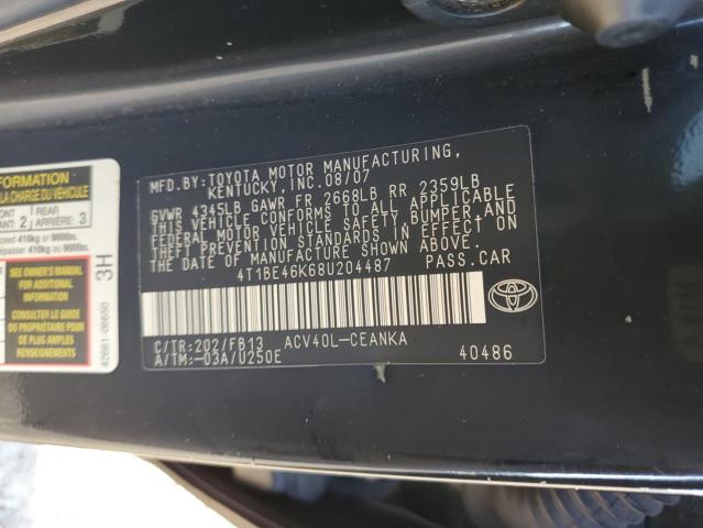 4T1BE46K68U204487 - 2008 TOYOTA CAMRY CE BLACK photo 10