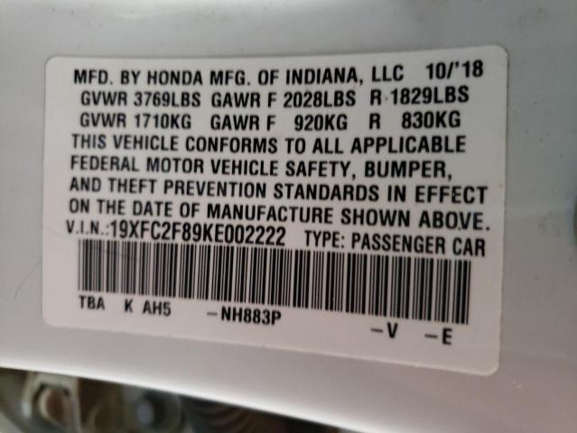 19XFC2F89KE002222 - 2019 HONDA CIVIC SPOR WHITE photo 10