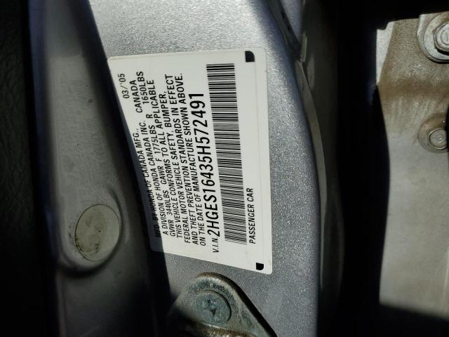 2HGES16435H572491 - 2005 HONDA CIVIC DX SILVER photo 10