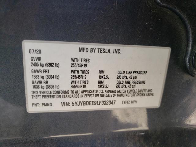 5YJYGDEE9LF032347 - 2020 TESLA MODEL Y رمادي صورة 10