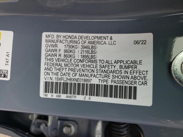 19XFL2H8XNE018897 - 2022 HONDA CIVIC SPOR GRAY photo 10