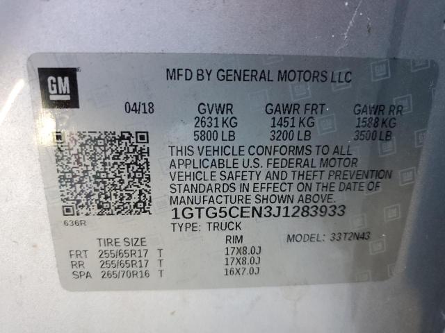 1GTG5CEN3J1283933 - 2018 GMC CANYON SLE SILVER photo 10