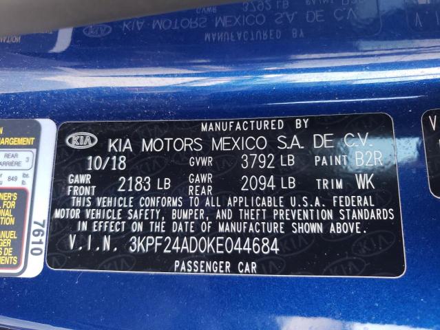 3KPF24AD0KE044684 - 2019 KIA FORTE FE BLUE photo 10