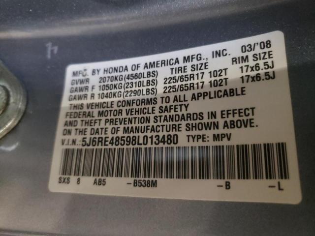 5J6RE48598L013480 - 2008 HONDA CR-V EX BLUE photo 10