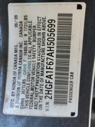 2HGFA1F67AH505699 - 2010 HONDA CIVIC LX-S رمادي صورة 10