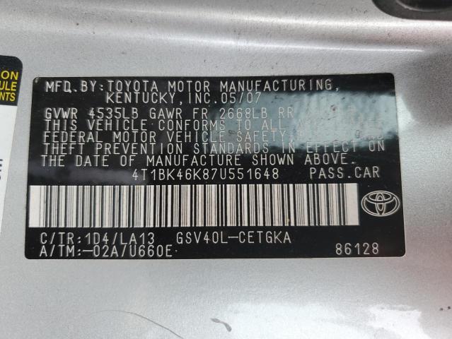 4T1BK46K87U551648 - 2007 TOYOTA CAMREY SILVER photo 10