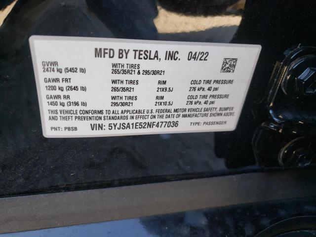 5YJSA1E52NF477036 - 2022 TESLA MODEL S Սև լուսանկար 10