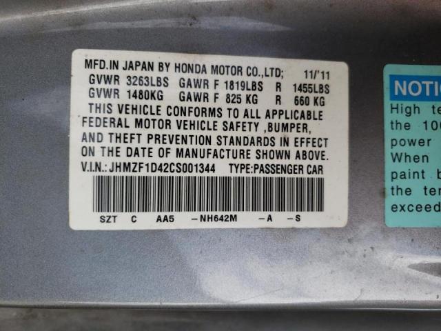 JHMZF1D42CS001344 - 2012 HONDA CR-Z GRAY photo 10