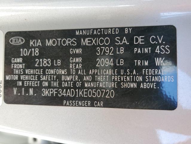 3KPF34AD1KE050720 - 2019 KIA FORTE GT L SILVER photo 10