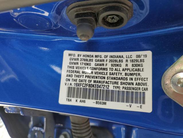 19XFC2F80KE047212 - 2019 HONDA CIVIC SPOR BLUE photo 10