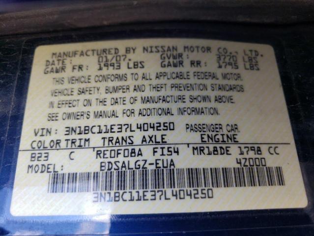 3N1BC11E37L404250 - 2007 NISSAN VERSA S BLUE photo 10