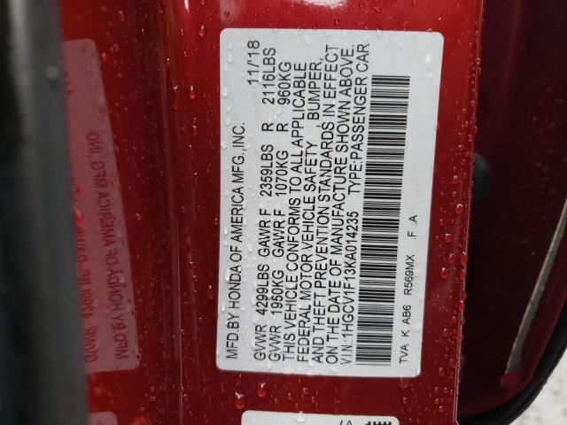 1HGCV1F13KA014235 - 2019 HONDA ACCORD LX RED photo 10