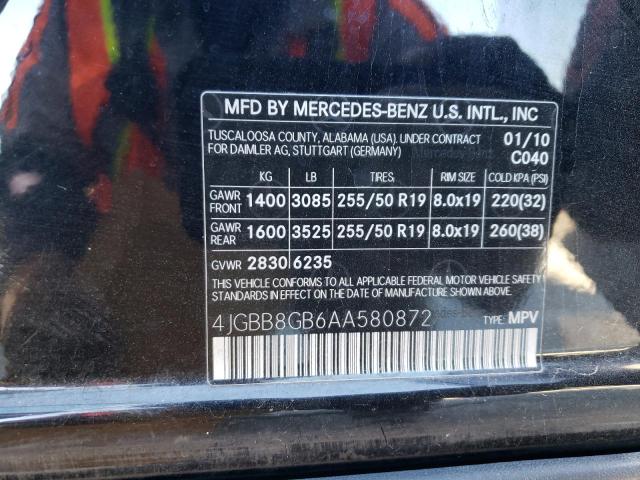 4JGBB8GB6AA580872 - 2010 MERCEDES-BENZ ML 350 4MA BLACK photo 10